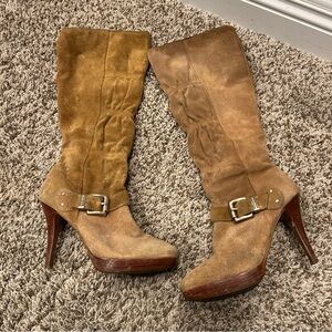 Michael Kors Suede Knee-High Heeled Boots | Tan | Buckle Detail
